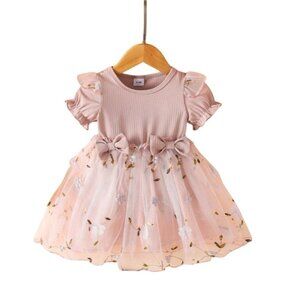 Shein Baby Girls Mesh Embroidery Flower Trim Short Sleeve Dress - Size 2-3Y‎